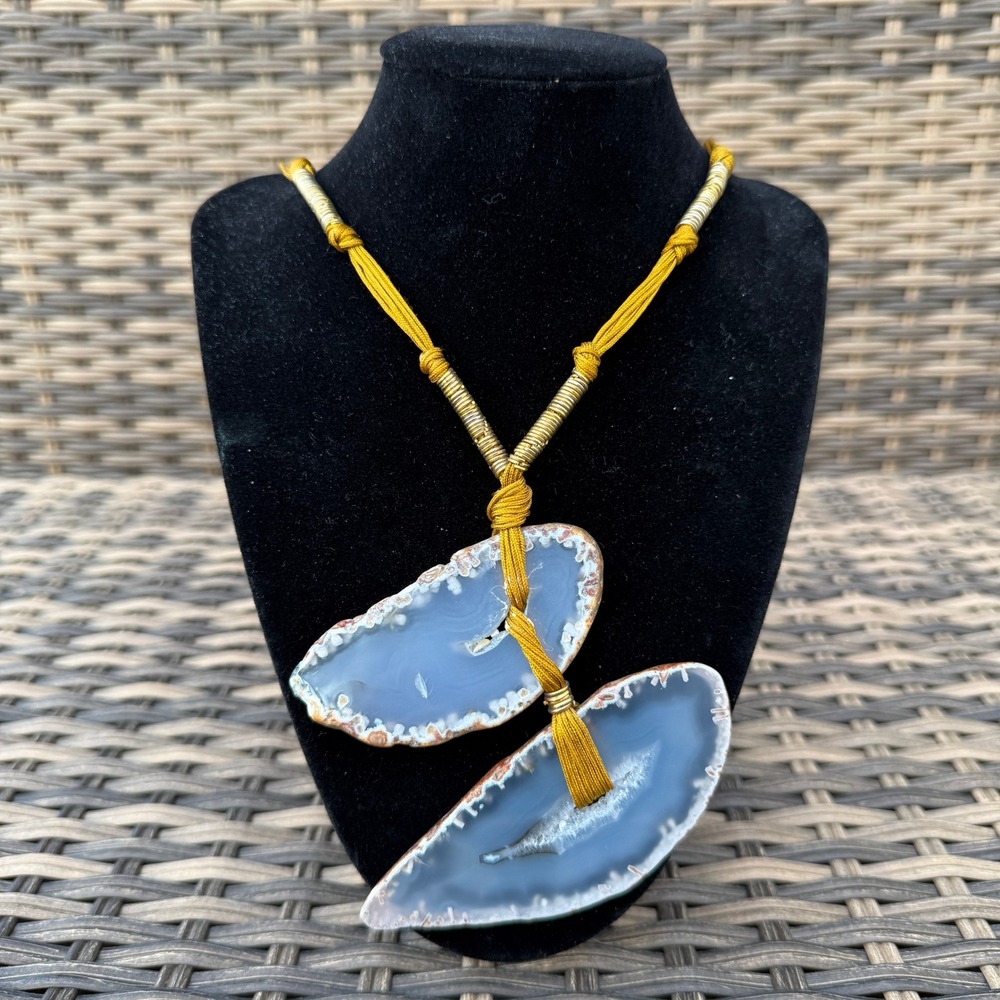 Vintage Agate Slice Necklace Blue Gray Druzy Stone Rockhound Statement Boho